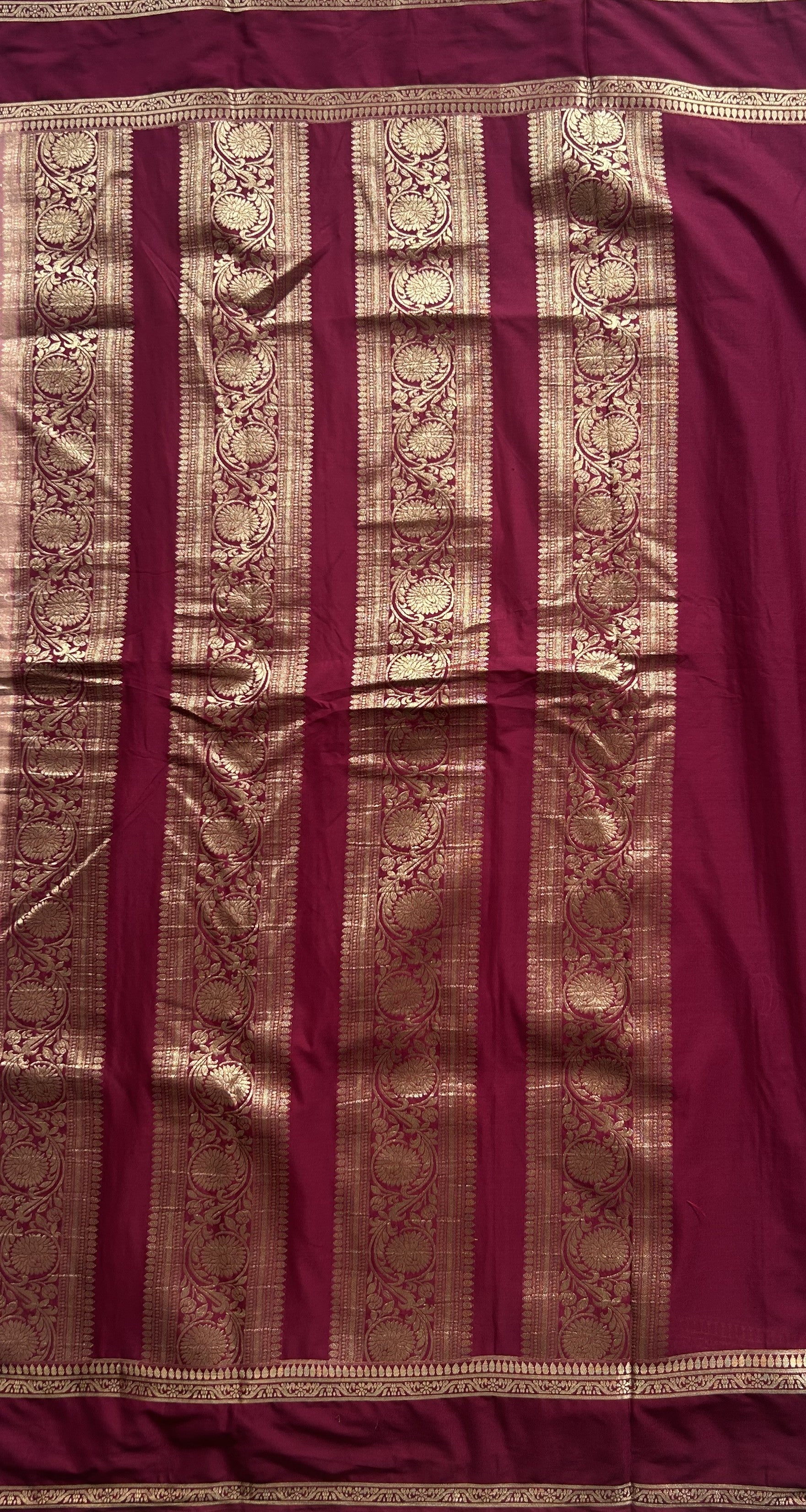 Pure Banarasi Crepe Silk Saree Peach Colored Complemented with a Zari border. - Sampradaya Designer Studio