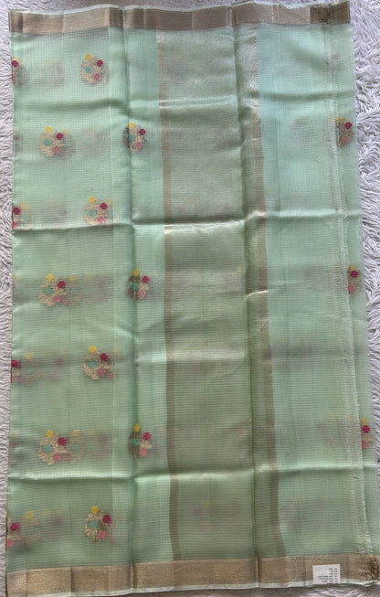 Silk kota Saree Mint Green colored Elegantly Paired with a Zari Border. - Sampradaya Designer Studio