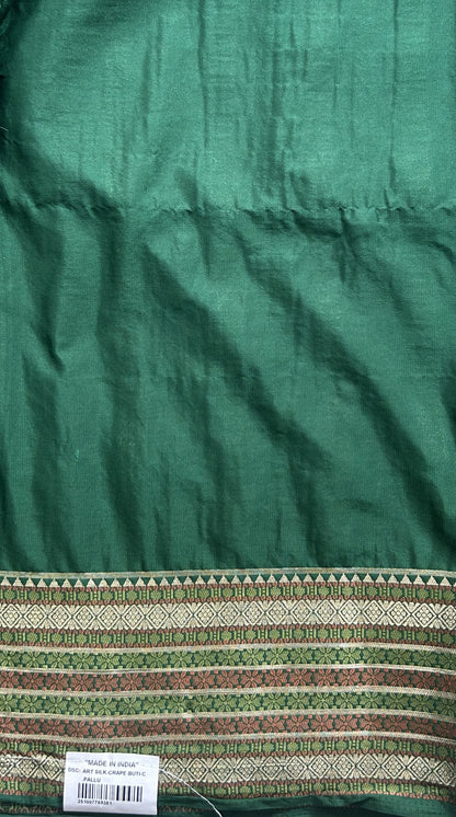 Pure Banarasi Crepe Silk Saree Bottle Green Colored Complemented with a Zari border. - Sampradaya Designer Studio