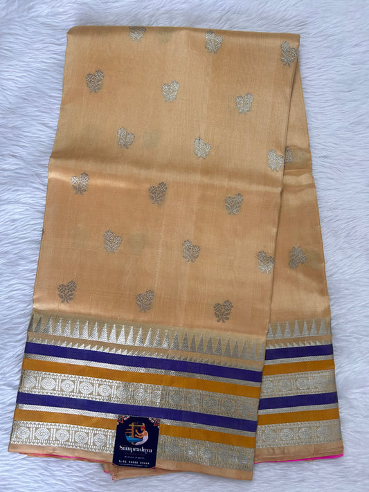 Venkatagiri Pattu Saree Citrus Colored Complemented With a Pattu Teal Blue and Flame Yellow Color with Silver Zari Gap Border - Sampradaya Designer Studio