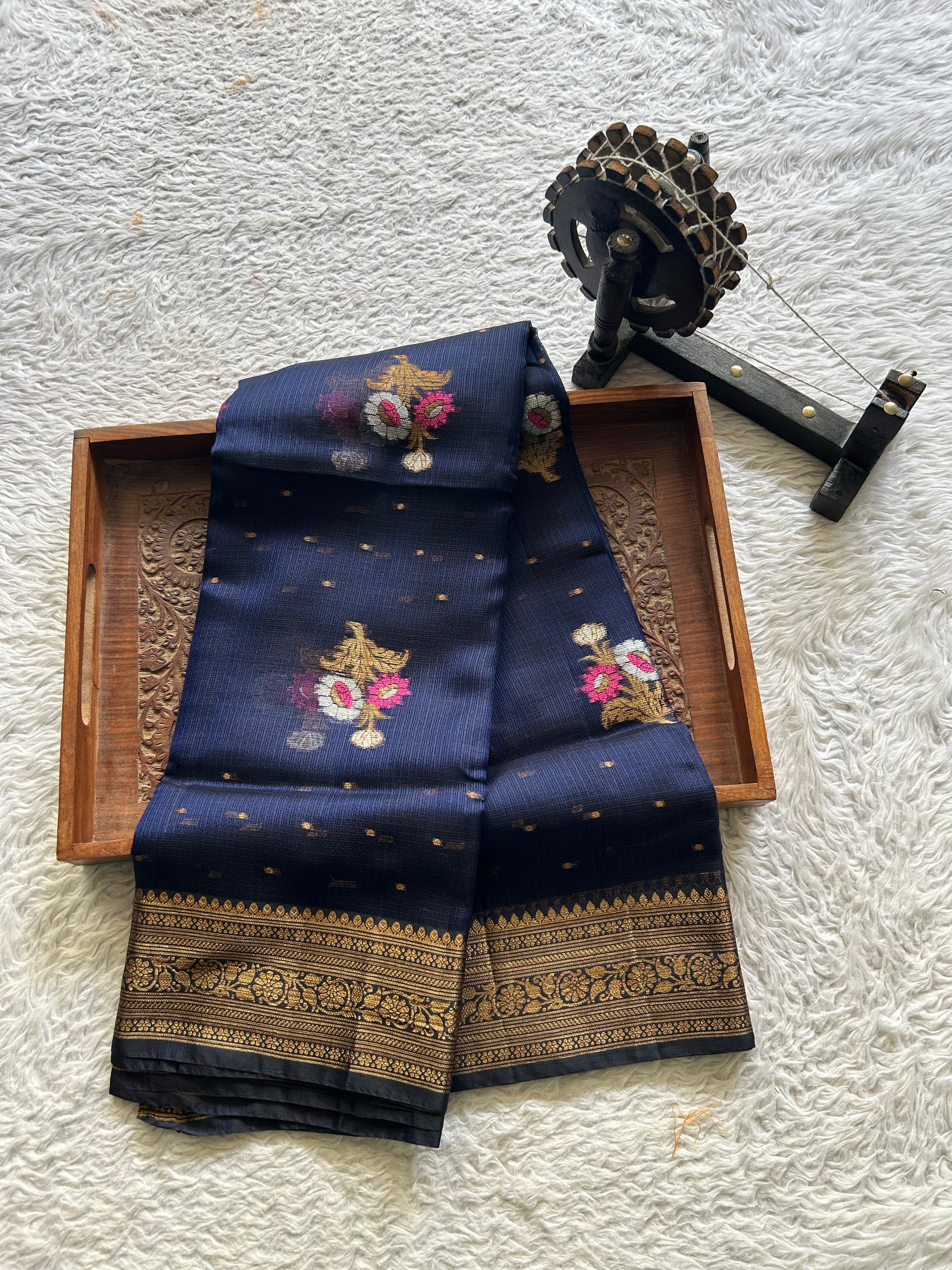 Silk Kota Saree Blue Colored Elegantly Paired with a Gold Zari Border. - Sampradaya Designer Studio
