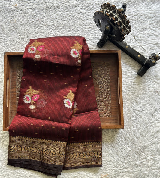 Silk Kota Saree Maroon Colored Elegantly Paired with a Gold Zari Border. - Sampradaya Designer Studio
