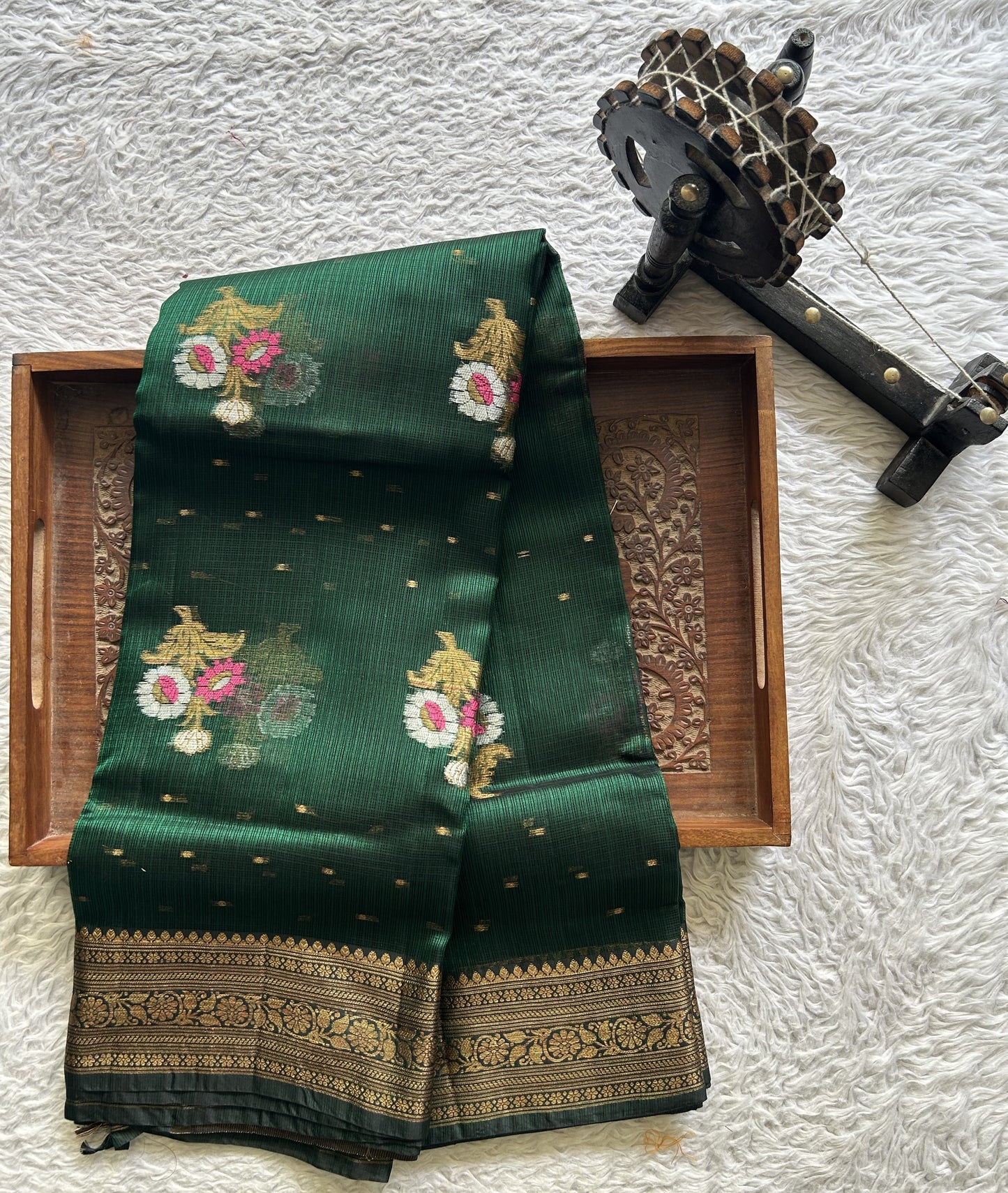 Silk Kota Saree Bottel Green Colored Elegantly Paired with a Gold Zari Border. - Sampradaya Designer Studio