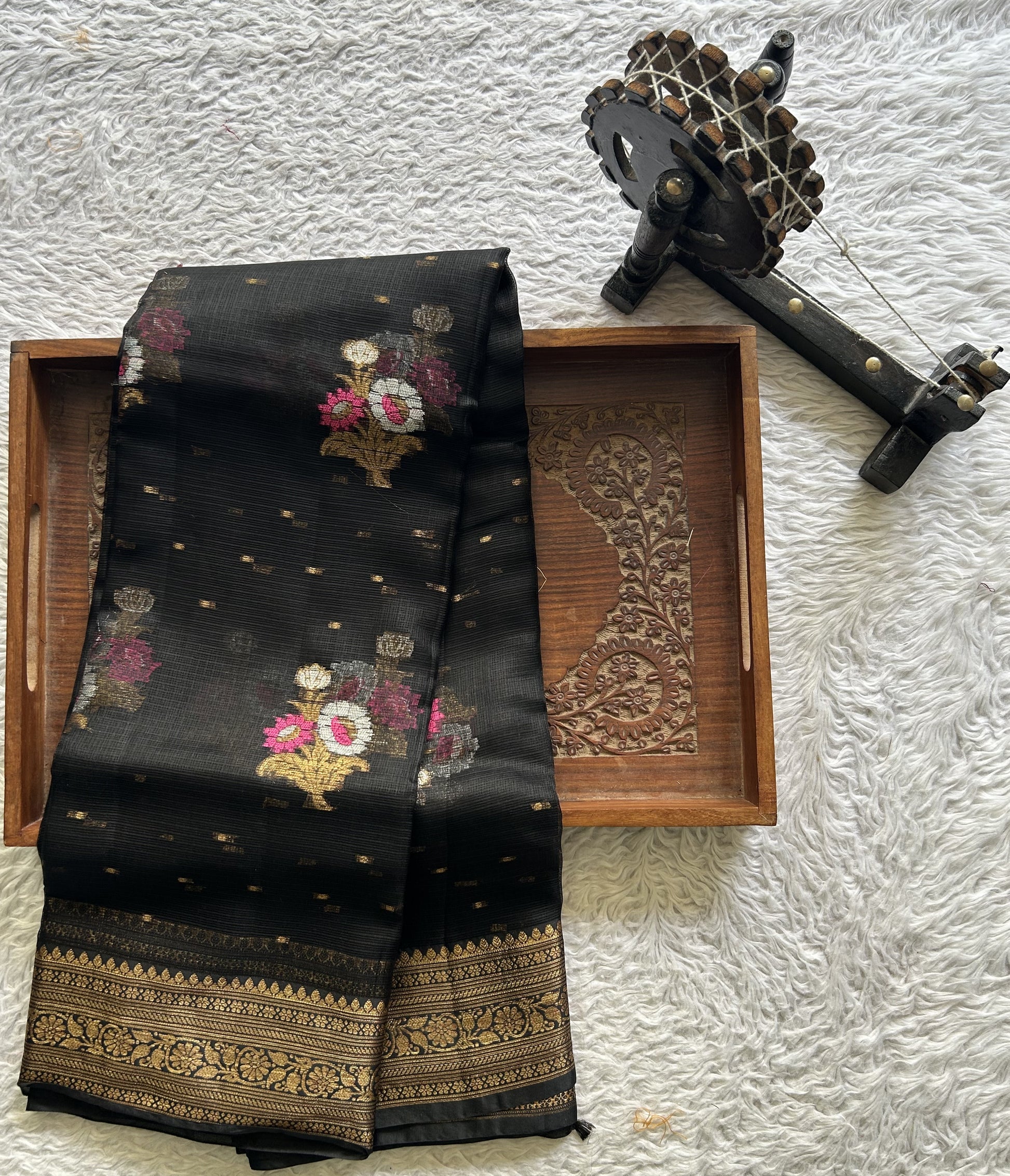 Silk Kota Saree Black Colored Elegantly Paired with a Gold Zari Border. - Sampradaya Designer Studio