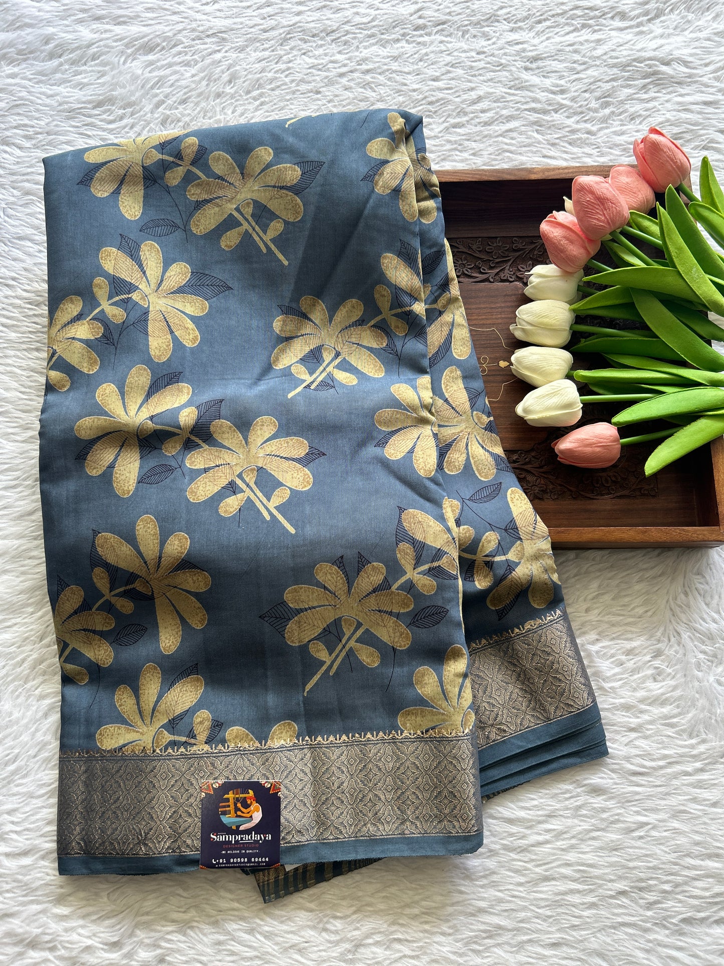 Dola Crepe Saree Gray Colored Complemented with a Zari Border. - Sampradaya Designer Studio