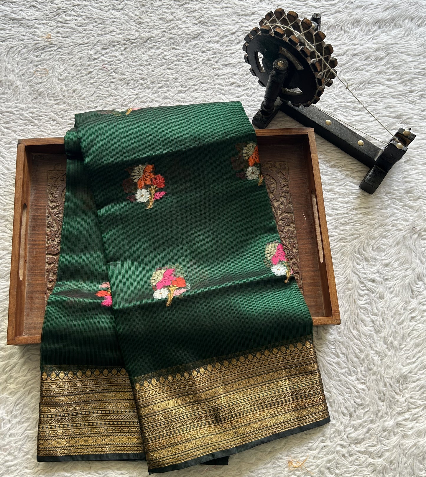 Silk Kota Saree Green Colored Elegantly Paired with a Gold Zari Border. - Sampradaya Designer Studio