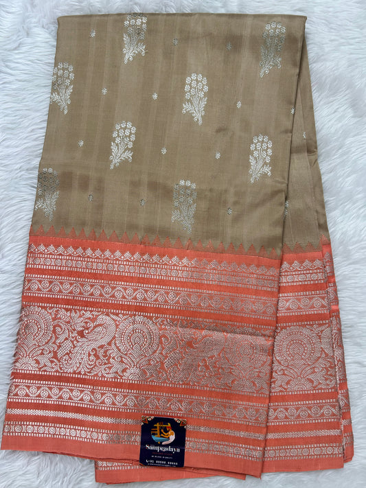 Venkatagiri Pattu Saree Dust Colored Complemented With a Pattu Coral Color with Silver Zari Border - Sampradaya Designer Studio