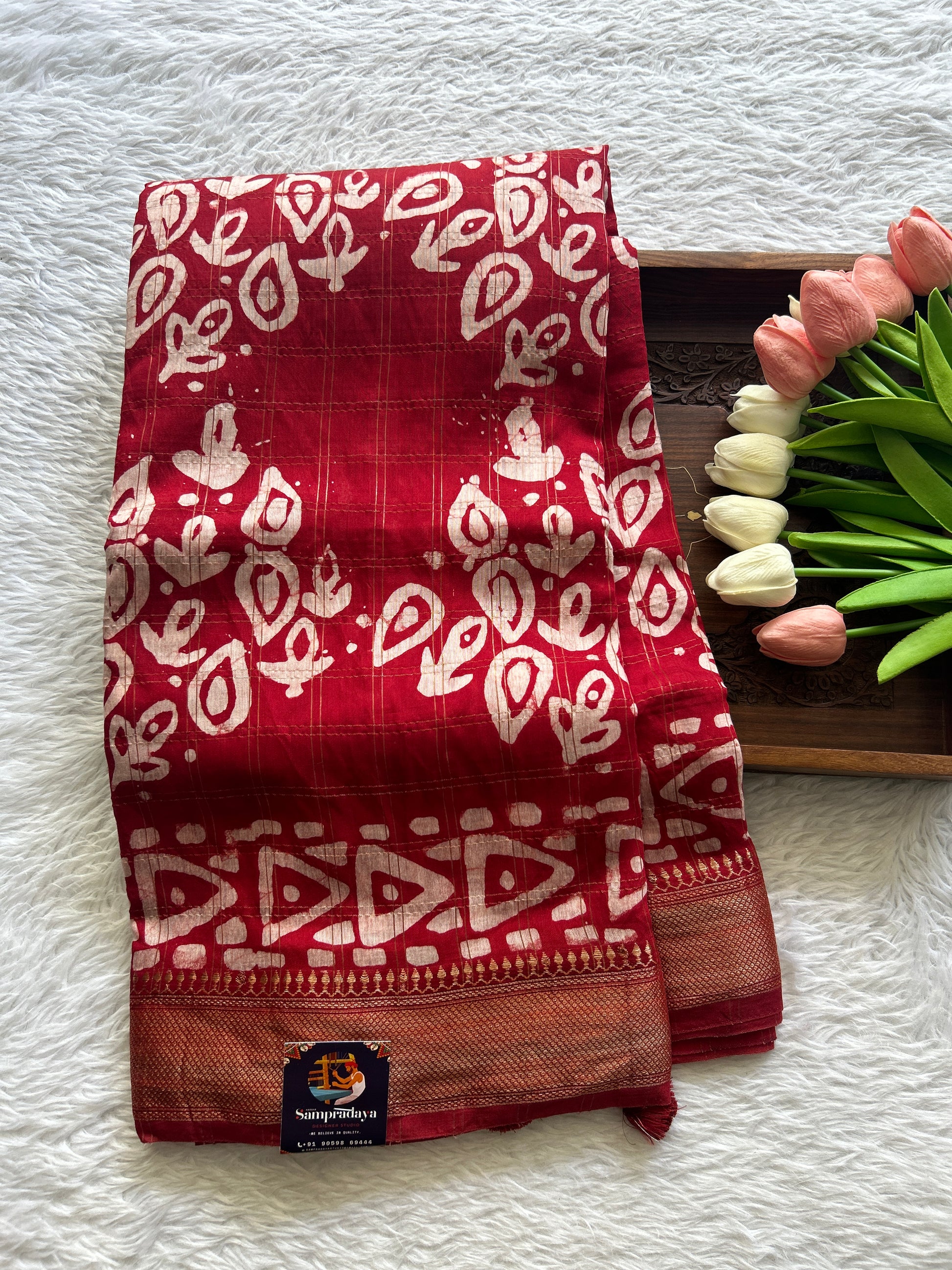 Dola Crepe Saree Dark Red Colored Complemented with a Zari Border. - Sampradaya Designer Studio