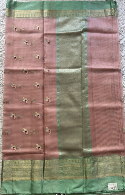 Silk kota Saree Baby Pink colored Elegantly Paired Sea Green with a Zari Border. - Sampradaya Designer Studio