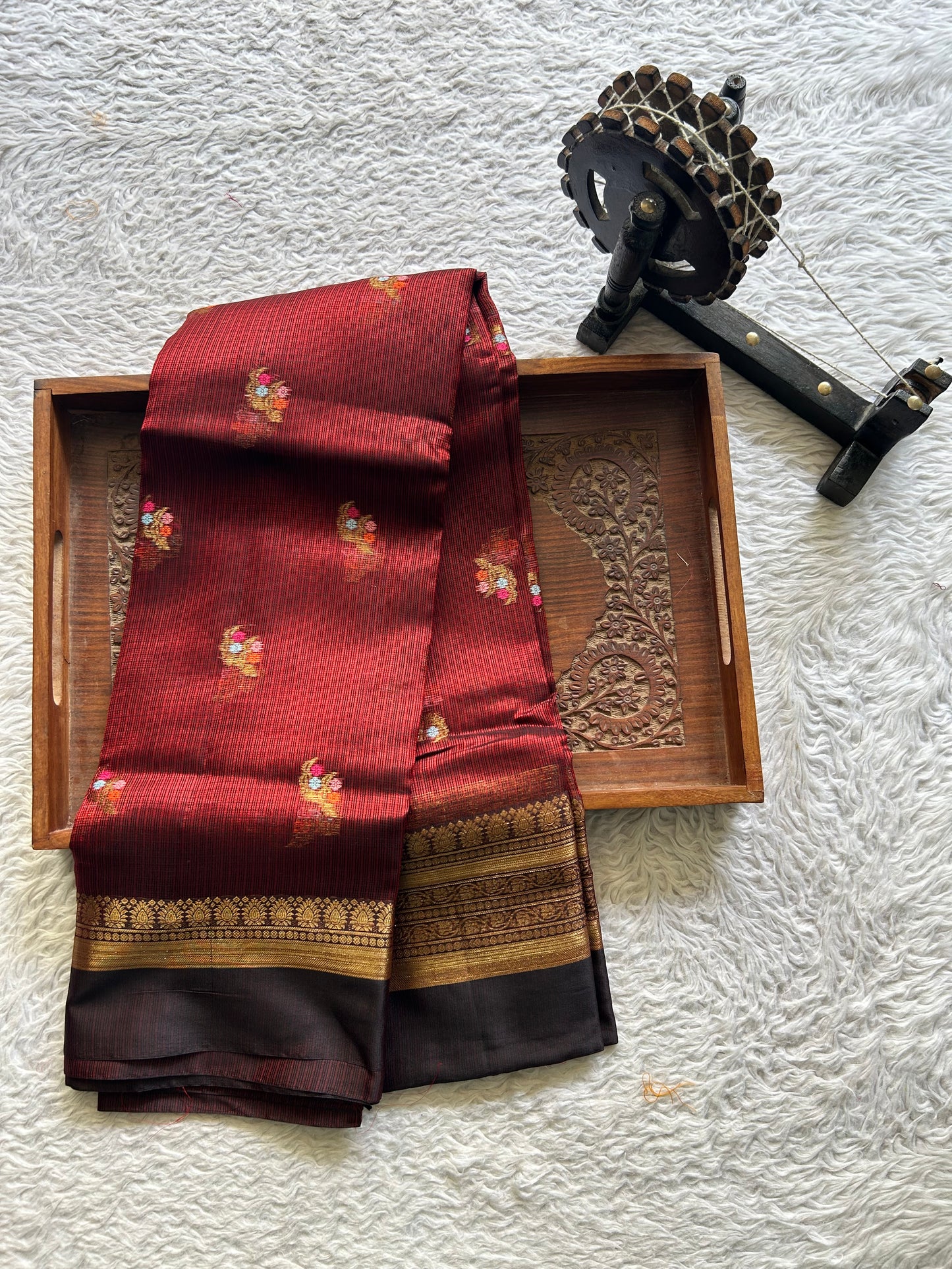 Silk Kota Saree Maroon Colored Elegantly Paired with a Gold Zari Border. - Sampradaya Designer Studio