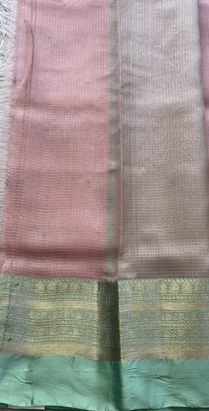 Silk kota Saree Baby Pink colored Elegantly Paired Sea Green with a Zari Border. - Sampradaya Designer Studio