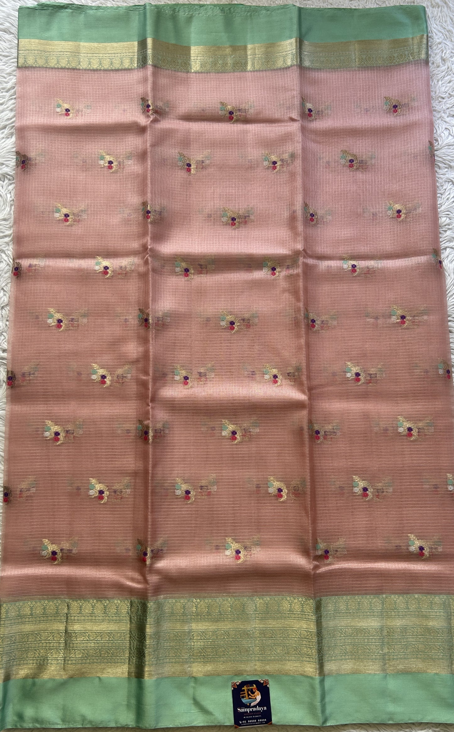 Silk kota Saree Baby Pink colored Elegantly Paired Sea Green with a Zari Border. - Sampradaya Designer Studio