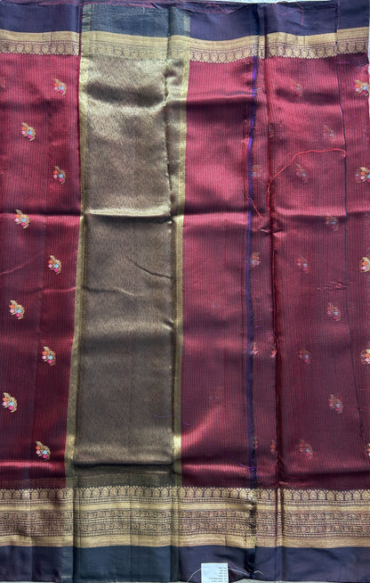 Silk Kota Saree Maroon Colored Elegantly Paired with a Gold Zari Border. - Sampradaya Designer Studio