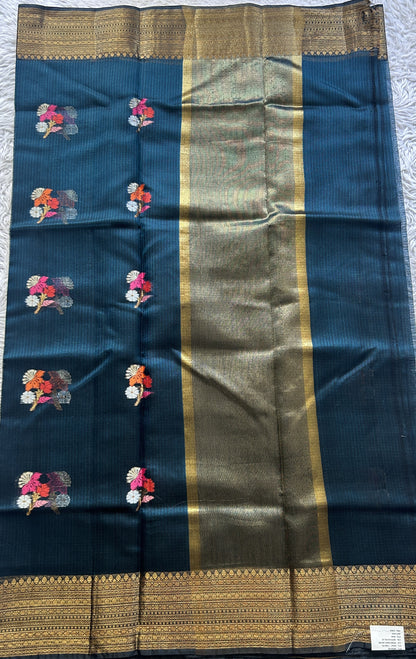 Silk kota Saree Dark Teal Blue colored Elegantly Paired with a Zari Border. - Sampradaya Designer Studio