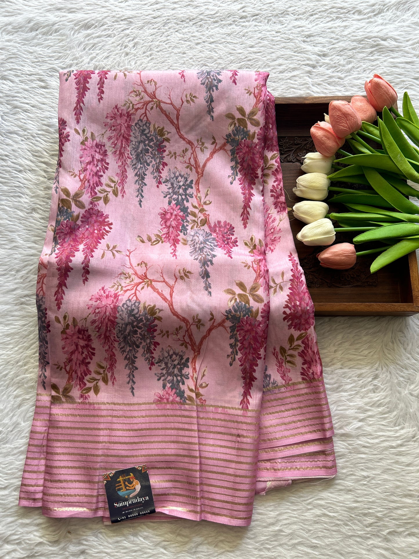 Crepe Silk Party Wear Saree Baby Pink colored complemented with a zari border. - Sampradaya Designer Studio