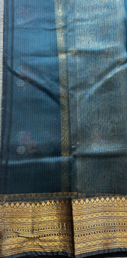 Silk kota Saree Dark Teal Blue colored Elegantly Paired with a Zari Border. - Sampradaya Designer Studio