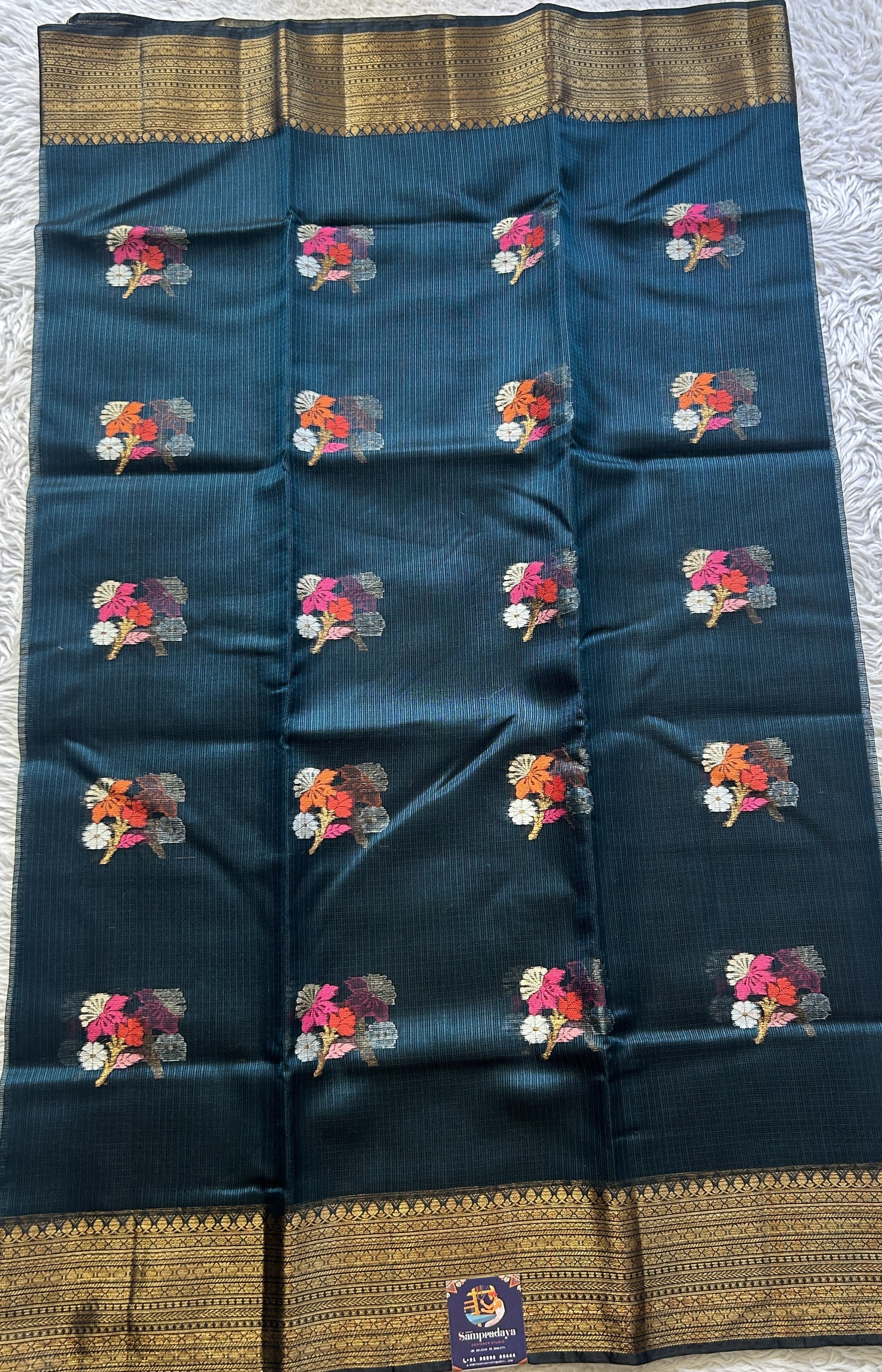Silk kota Saree Dark Teal Blue colored Elegantly Paired with a Zari Border. - Sampradaya Designer Studio