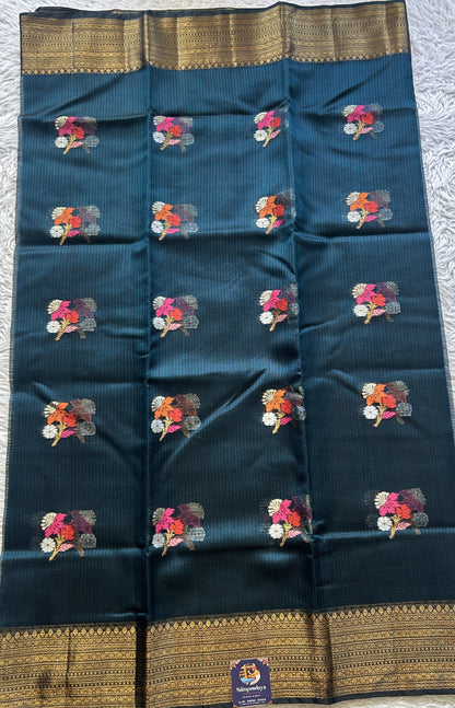 Silk kota Saree Dark Teal Blue colored Elegantly Paired with a Zari Border. - Sampradaya Designer Studio