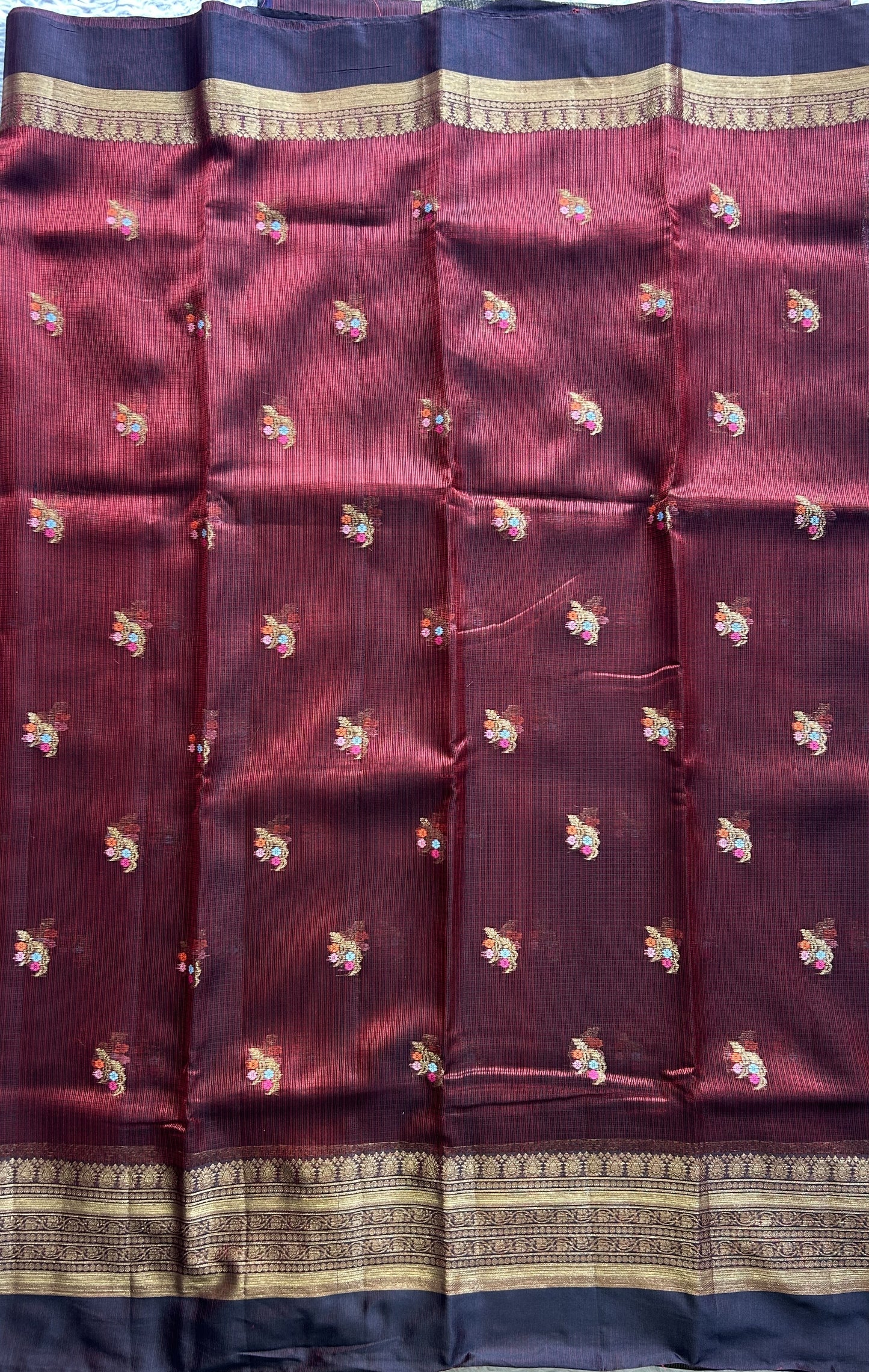 Silk Kota Saree Maroon Colored Elegantly Paired with a Gold Zari Border. - Sampradaya Designer Studio