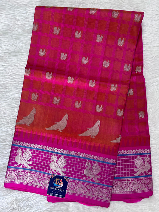 Venkatagiri Pattu Saree Purple with Pink checks Colored Complemented With a Pattu Pink Color with Sliver Zari Border - Sampradaya Designer Studio