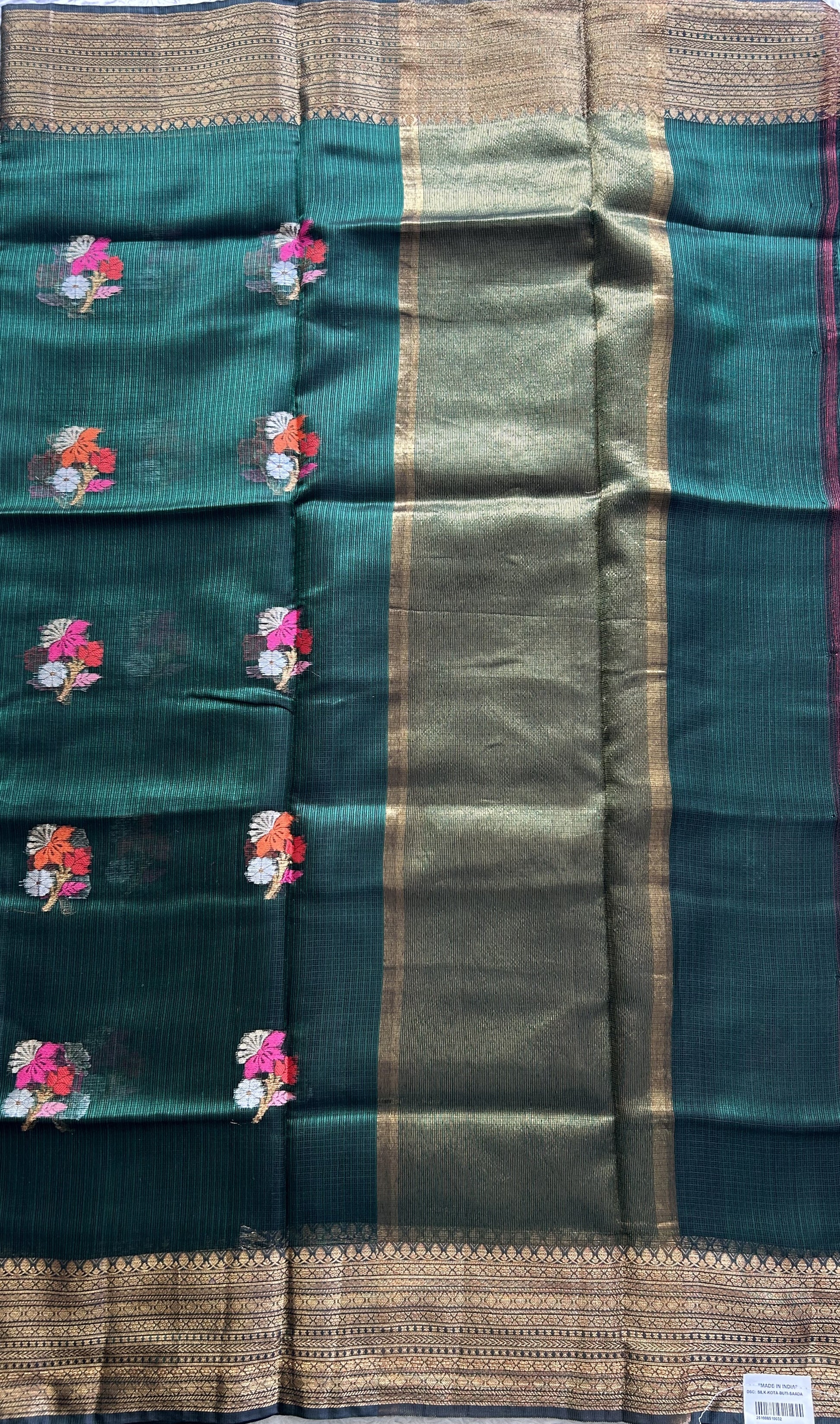 Silk Kota Saree Green Colored Elegantly Paired with a Gold Zari Border. - Sampradaya Designer Studio