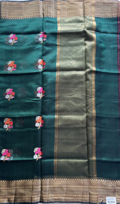 Silk Kota Saree Green Colored Elegantly Paired with a Gold Zari Border. - Sampradaya Designer Studio