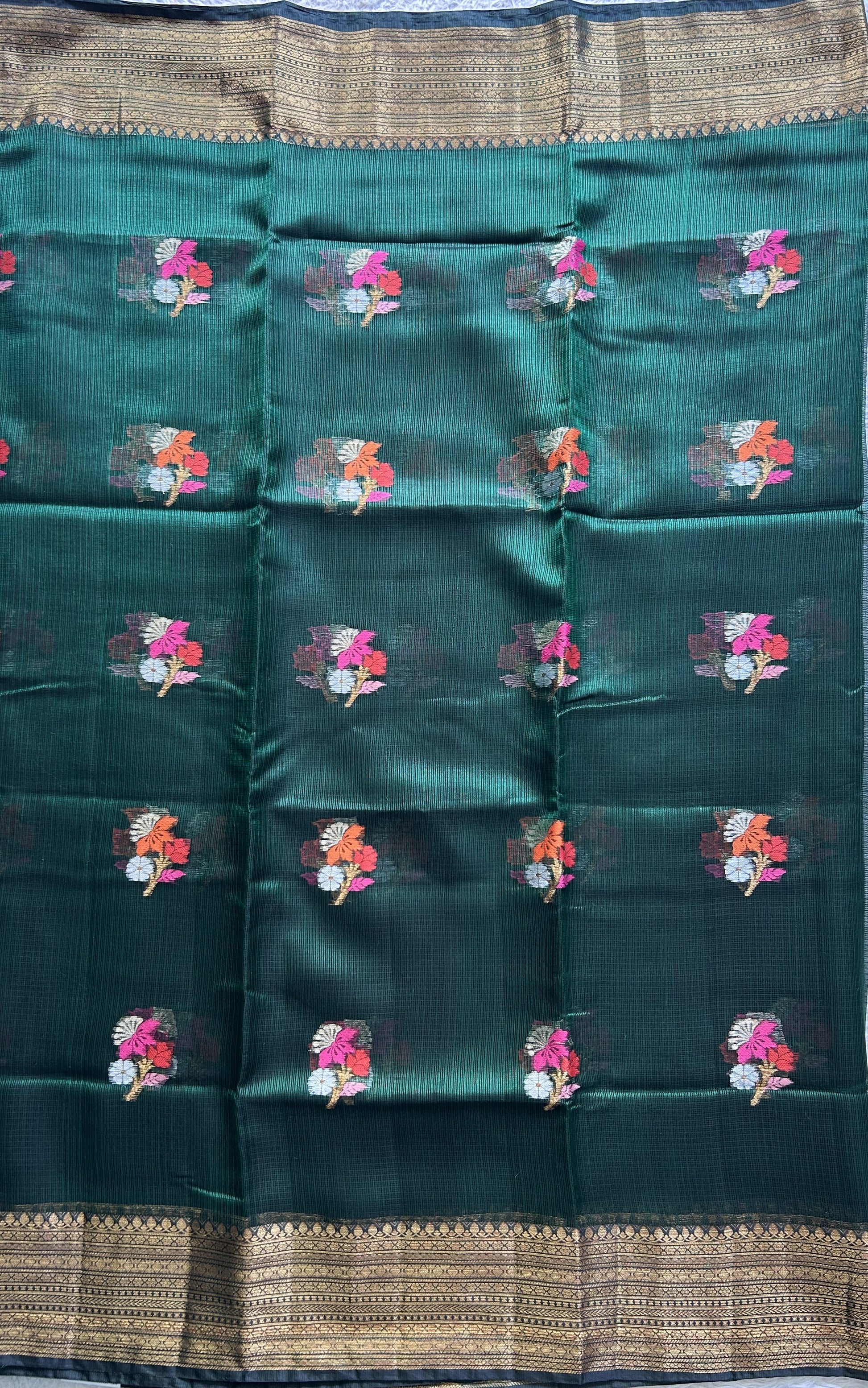 Silk Kota Saree Green Colored Elegantly Paired with a Gold Zari Border. - Sampradaya Designer Studio