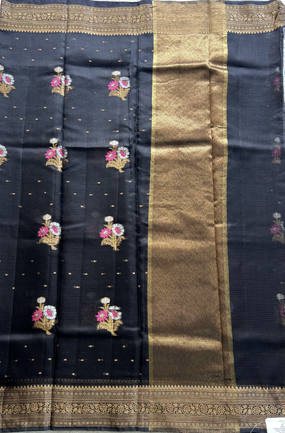 Silk Kota Saree Black Colored Elegantly Paired with a Gold Zari Border. - Sampradaya Designer Studio