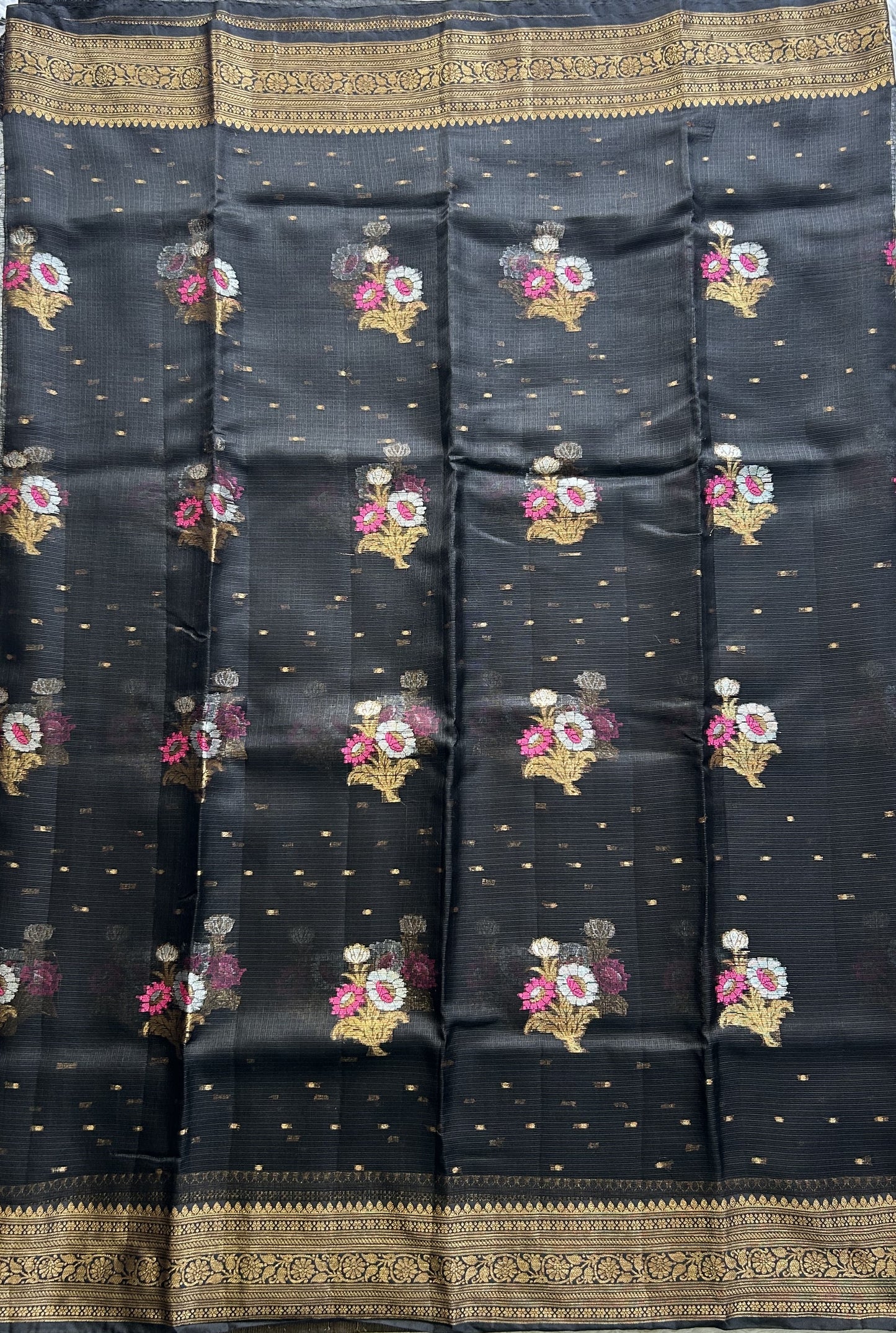 Silk Kota Saree Black Colored Elegantly Paired with a Gold Zari Border. - Sampradaya Designer Studio