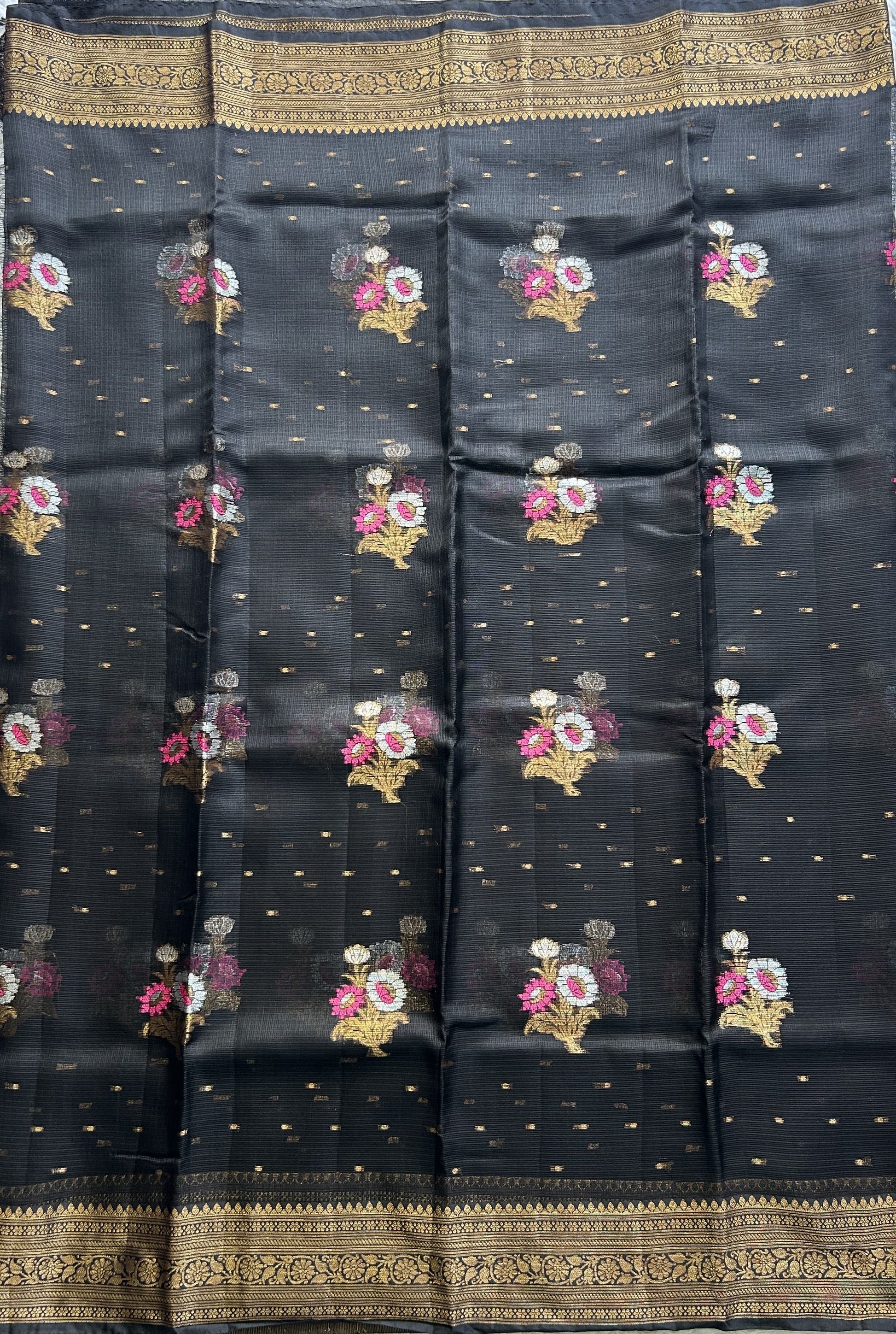 Silk Kota Saree Black Colored Elegantly Paired with a Gold Zari Border. - Sampradaya Designer Studio
