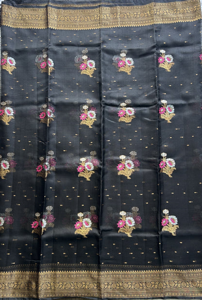 Silk Kota Saree Black Colored Elegantly Paired with a Gold Zari Border. - Sampradaya Designer Studio