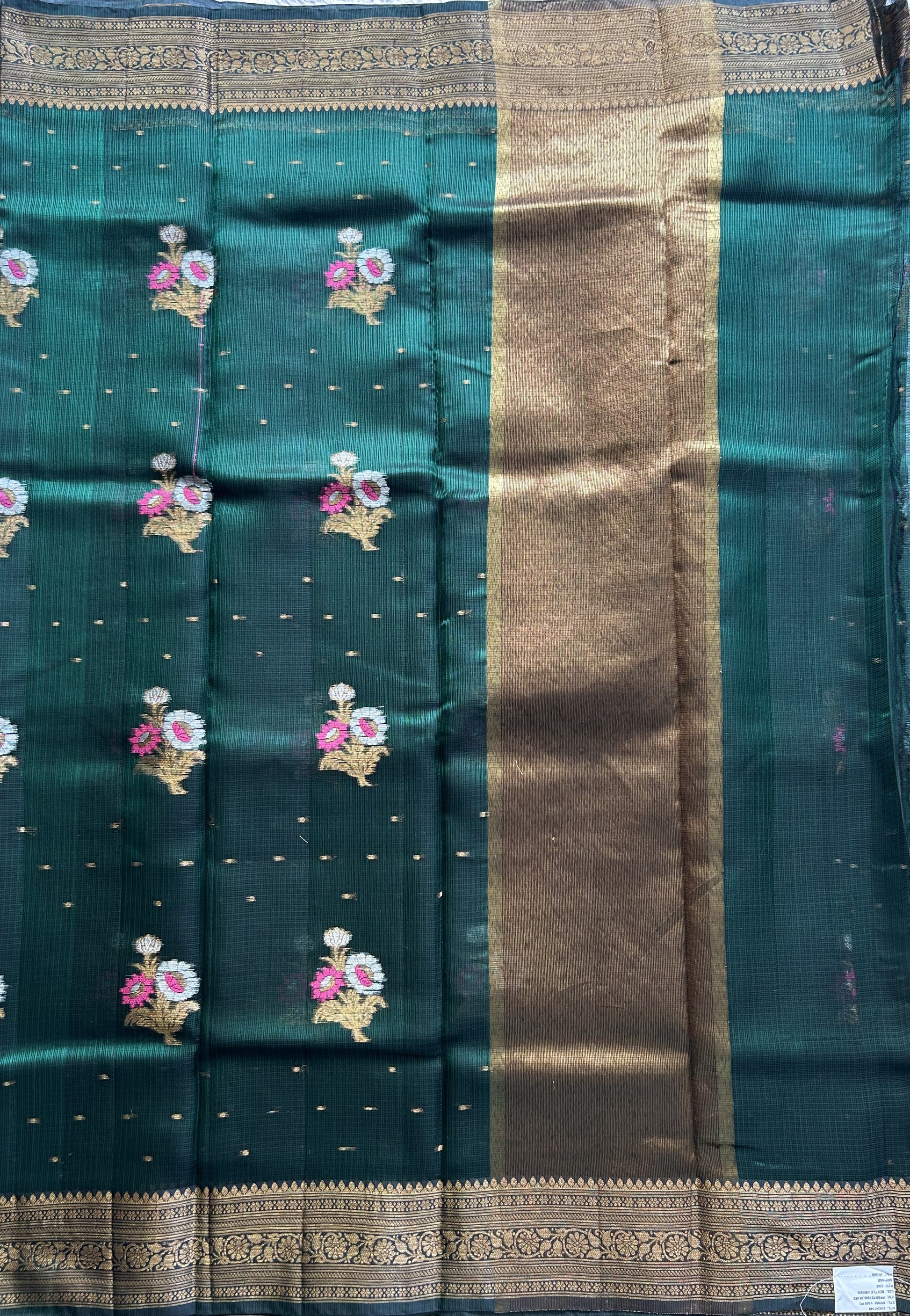 Silk Kota Saree Bottel Green Colored Elegantly Paired with a Gold Zari Border. - Sampradaya Designer Studio