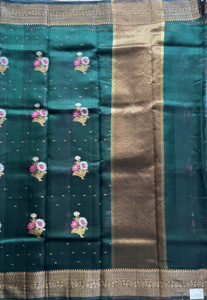 Silk Kota Saree Bottel Green Colored Elegantly Paired with a Gold Zari Border. - Sampradaya Designer Studio