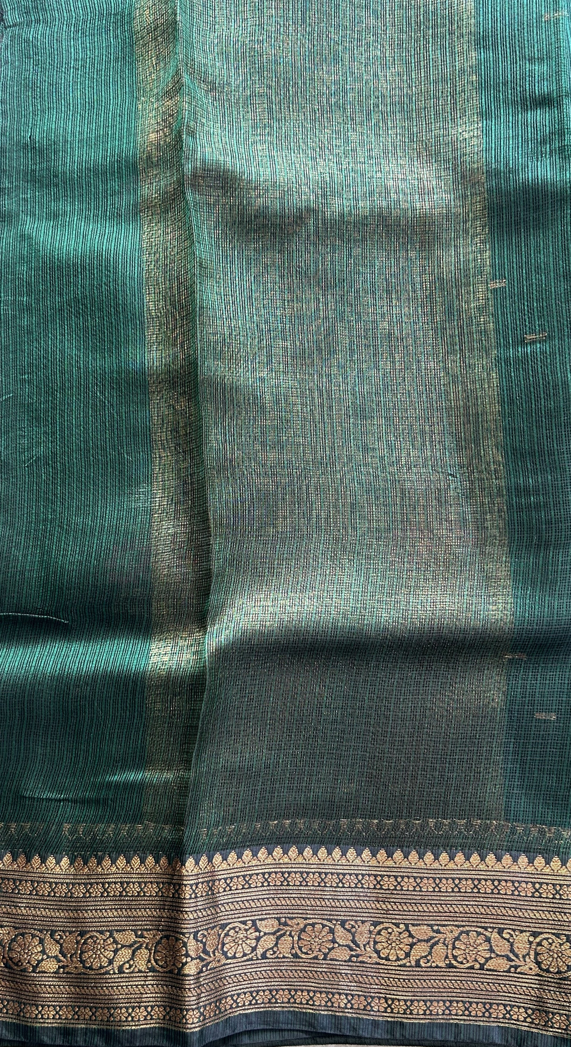 Silk Kota Saree Bottel Green Colored Elegantly Paired with a Gold Zari Border. - Sampradaya Designer Studio