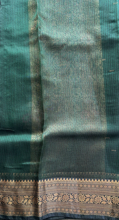 Silk Kota Saree Bottel Green Colored Elegantly Paired with a Gold Zari Border. - Sampradaya Designer Studio