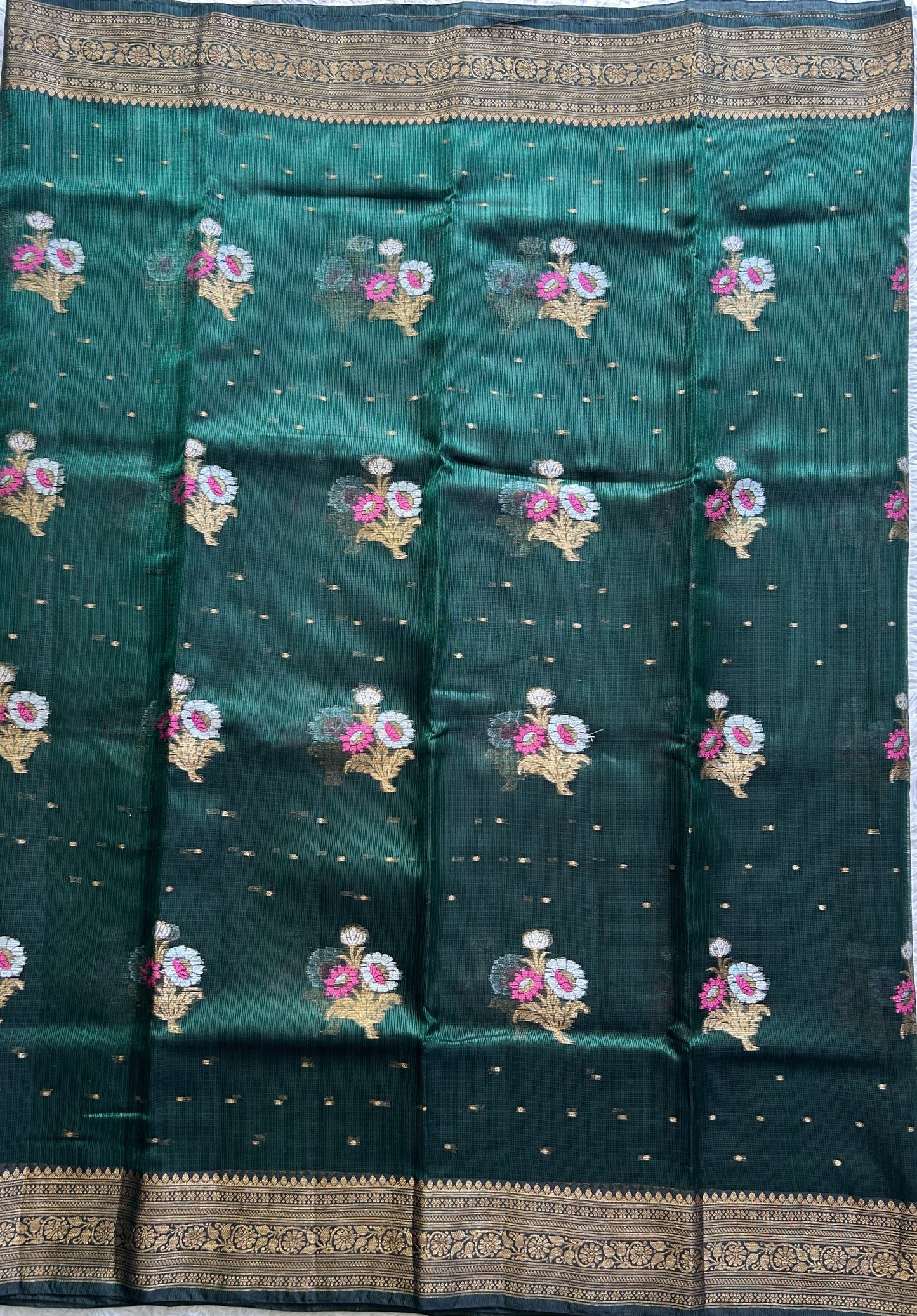 Silk Kota Saree Bottel Green Colored Elegantly Paired with a Gold Zari Border. - Sampradaya Designer Studio