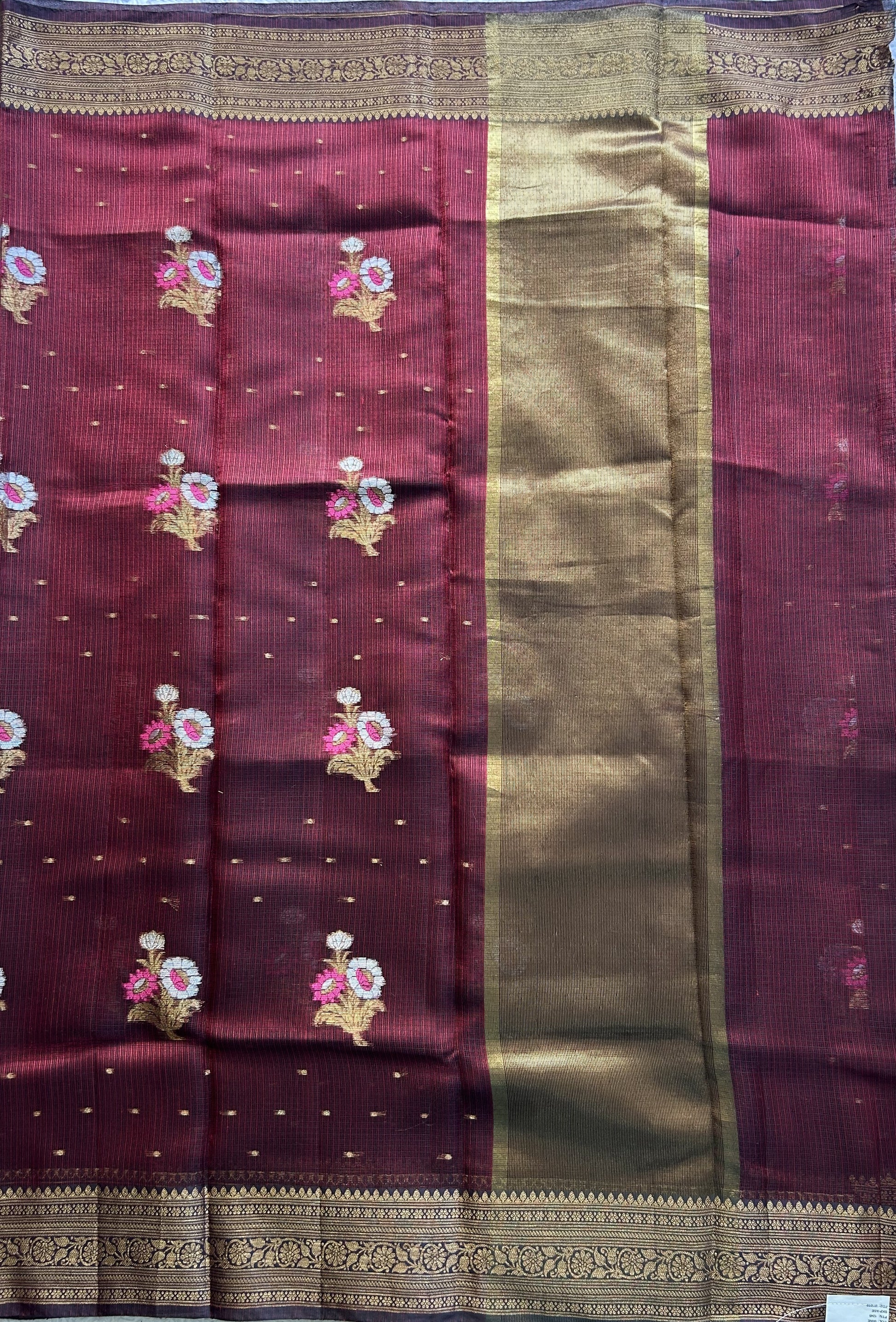 Silk Kota Saree Maroon Colored Elegantly Paired with a Gold Zari Border. - Sampradaya Designer Studio