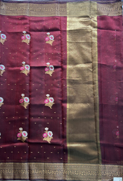 Silk Kota Saree Maroon Colored Elegantly Paired with a Gold Zari Border. - Sampradaya Designer Studio