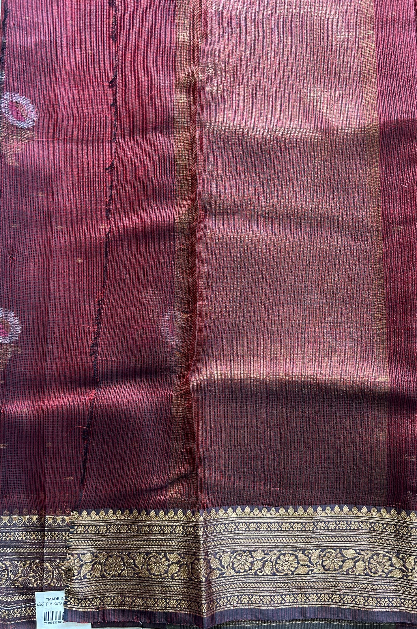 Silk Kota Saree Maroon Colored Elegantly Paired with a Gold Zari Border. - Sampradaya Designer Studio