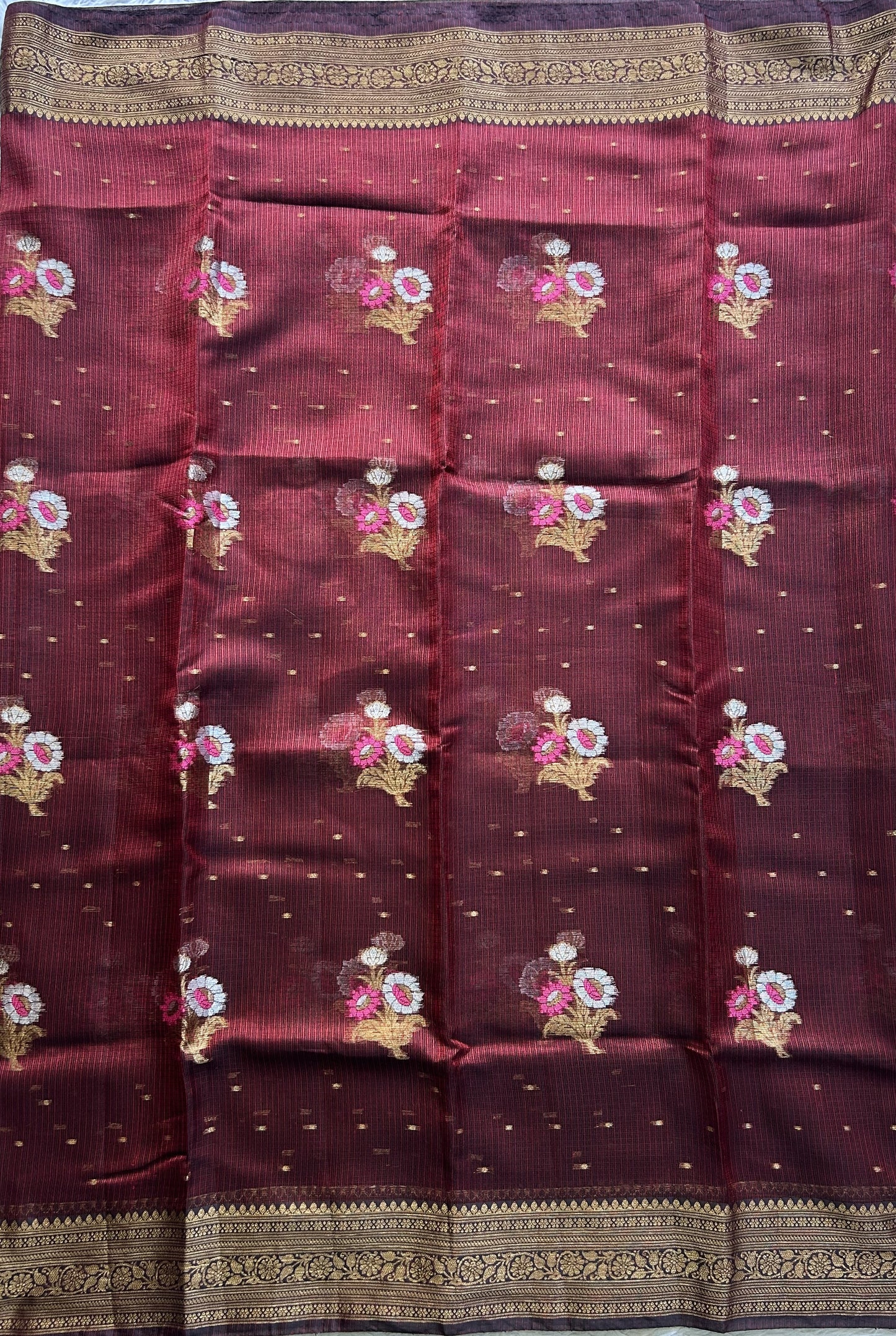 Silk Kota Saree Maroon Colored Elegantly Paired with a Gold Zari Border. - Sampradaya Designer Studio