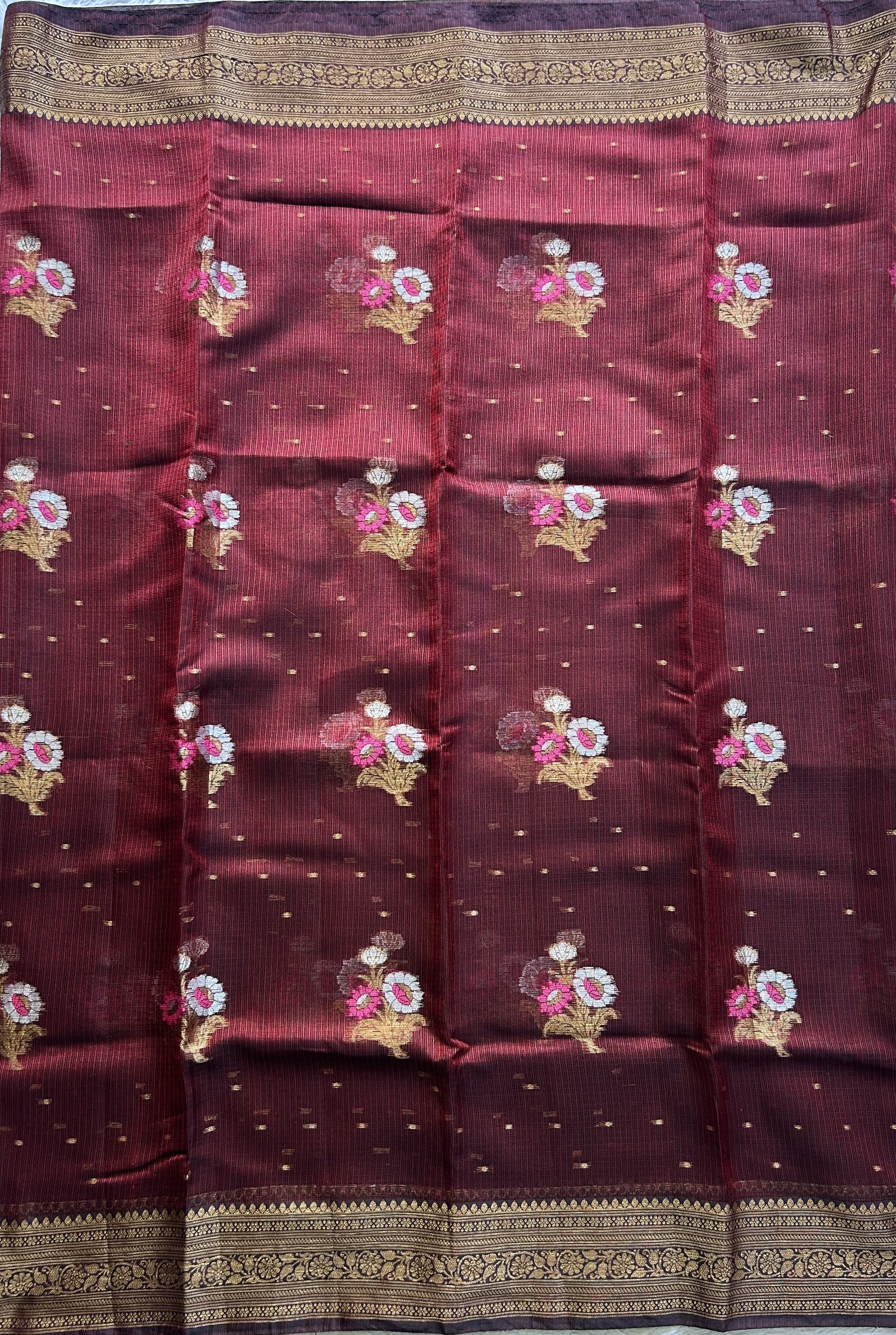 Silk Kota Saree Maroon Colored Elegantly Paired with a Gold Zari Border. - Sampradaya Designer Studio