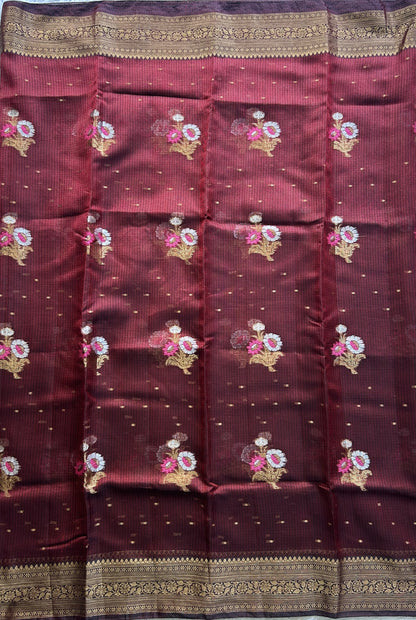 Silk Kota Saree Maroon Colored Elegantly Paired with a Gold Zari Border. - Sampradaya Designer Studio