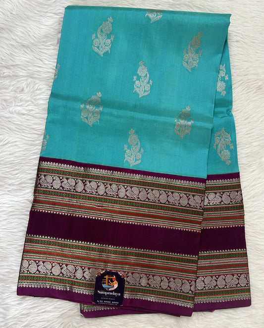 Venkatagiri Pattu Saree Turquoise Blue Colored Complemented With a Pattu magenta purple Color Kanchi Silver Zari Border - Sampradaya Designer Studio