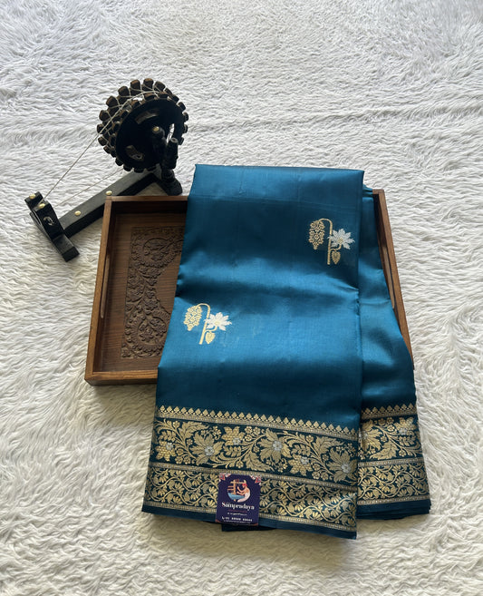 Chiniya Silk Saree Royal Blue Colored Elegantly Paired with a Zari Border. - Sampradaya Designer Studio