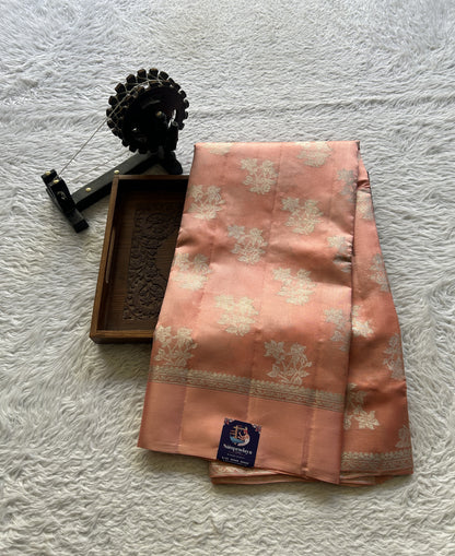 Chiniya Silk Saree Peach Colored Elegantly Paired with a Plain Border. - Sampradaya Designer Studio