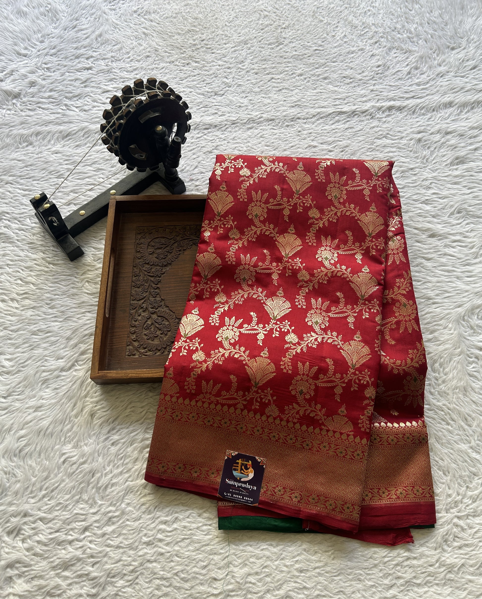 Chiniya Silk Allover Saree Red Colored Elegantly Paired with a Zari Border. - Sampradaya Designer Studio