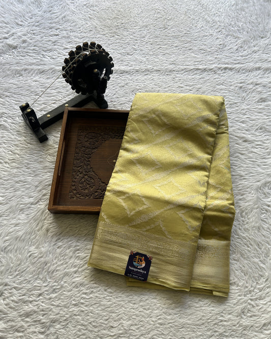 Maheshwari Chanderi Cotton Saree Corn Colored Complemented with a Zari Border. - Sampradaya Designer Studio