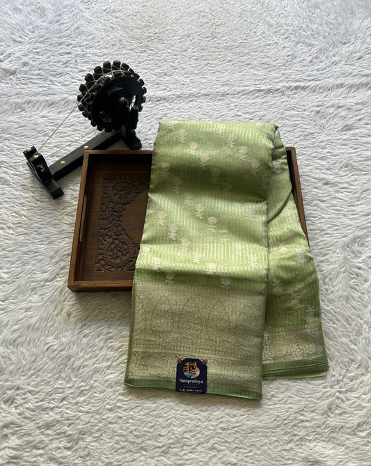 Maheshwari Chanderi Cotton Saree Light Green Colored Elegantly Paired with a Zari Border. - Sampradaya Designer Studio
