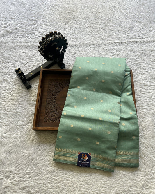 Maheshwari Chanderi Cotton Saree Ice Blue Colored Elegantly Paired with a Zari Border. - Sampradaya Designer Studio