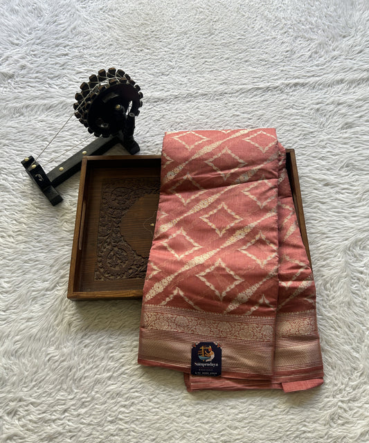 Maheshwari Chanderi Cotton Saree Dark Peach Colored Elegantly Paired with a Zari Border. - Sampradaya Designer Studio